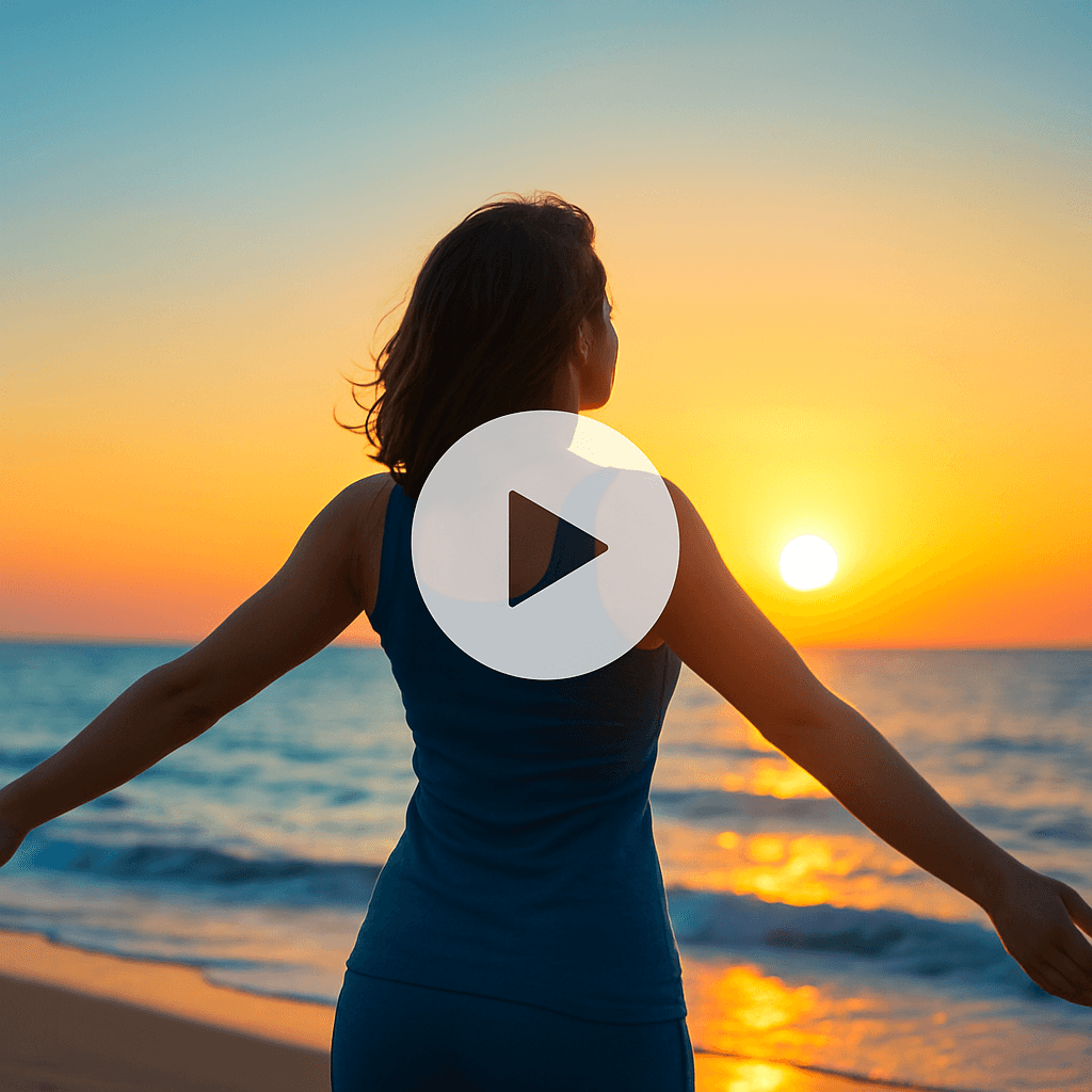 Woman on a beach at sunrise, feeling healthy and energetic.