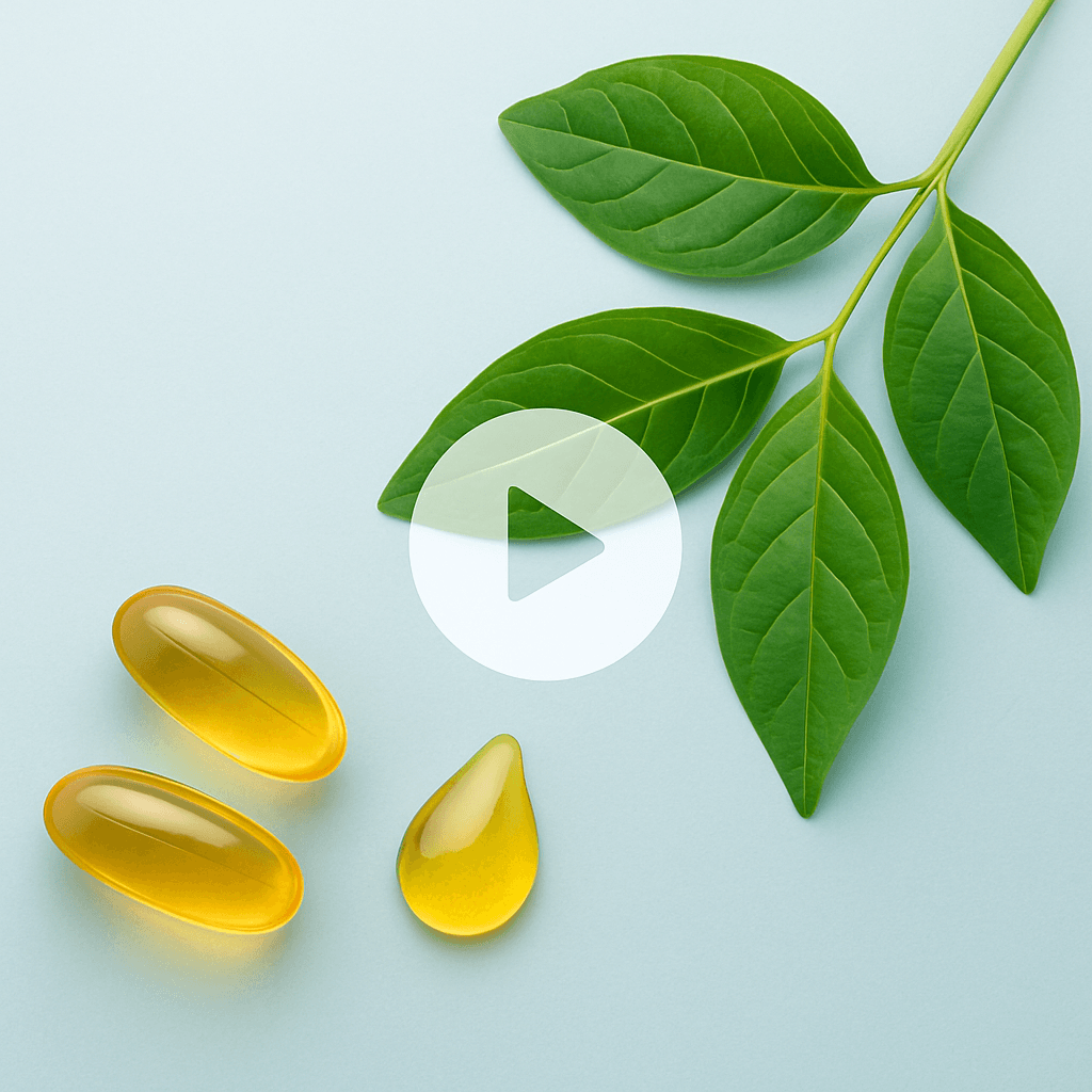 Natural oil capsules with green leaves, representing science-backed ingredients.